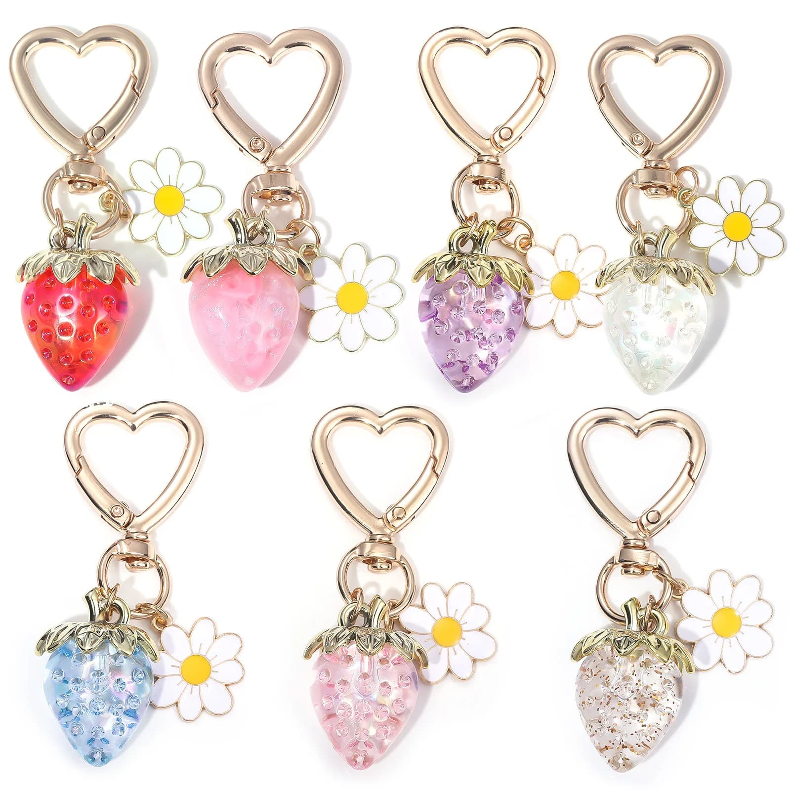 Simpatico portachiavi con ciondolo a forma di borsa con fragola, cuore Kawaii, fiore, margherita, portachiavi per donne, ragazze, borsa, ciondolo, accessori regalo