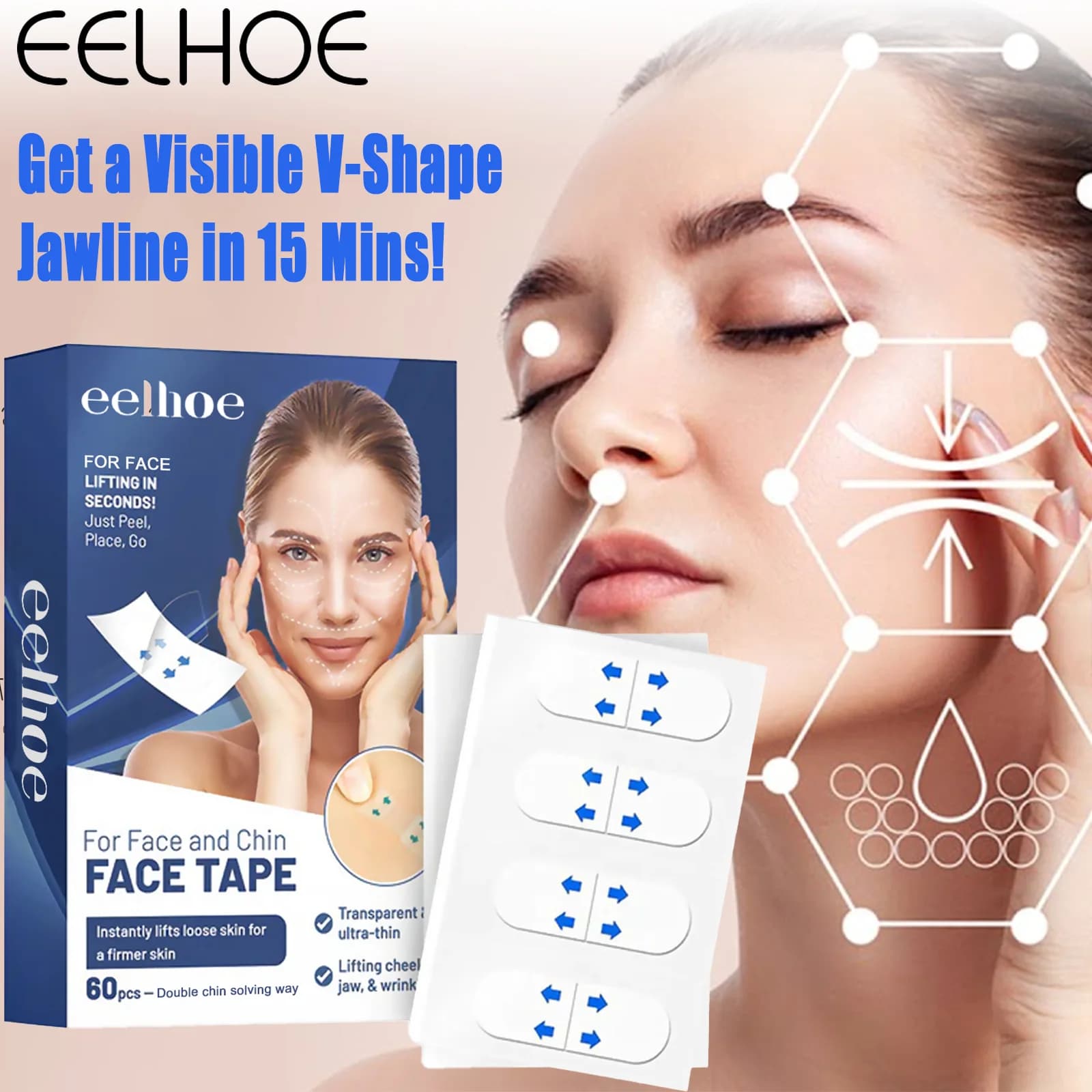 60 V-shaped facelift strips for jaws, instant face strengthening patches to reduce double chin, anti-ced collagen