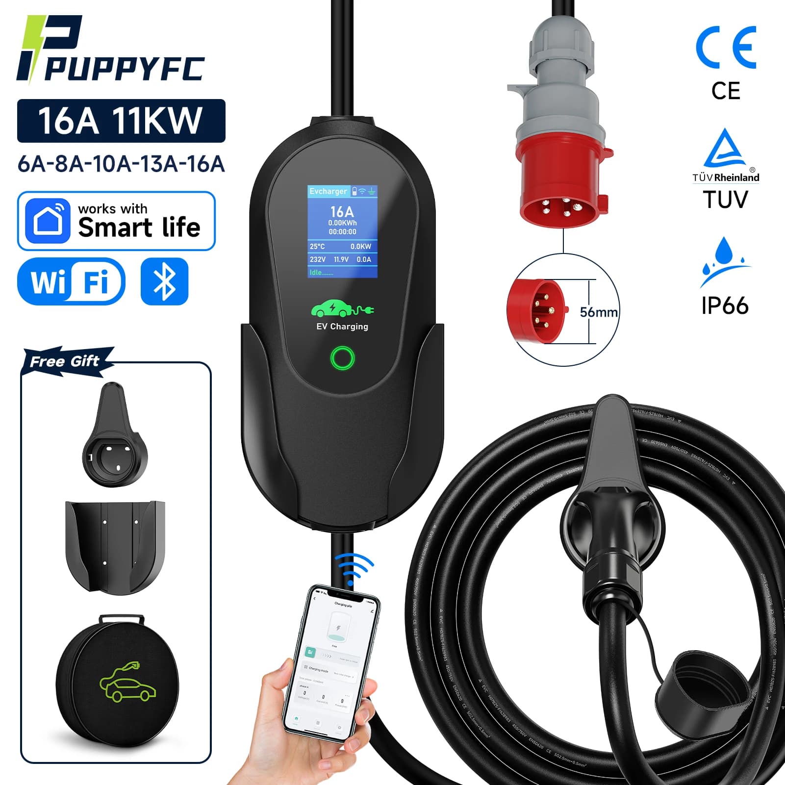Puppyfc Portable Charger 11KW EV Type2 16A 3 Steps Quick Charging Type1/GBT Smart WiFi Bluetooth EEC Plug 5m Cable for Electric Car