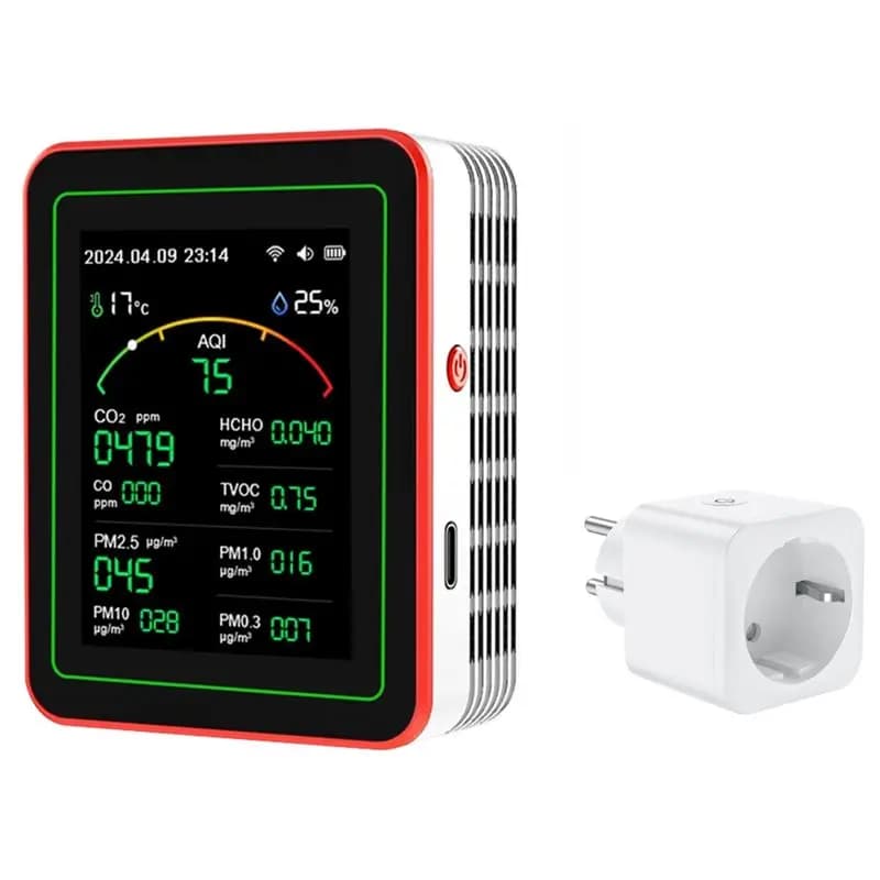 BNVN-Monitor Air Quality 15 in 1, Intelligent Tester with PM Display, CO2, CO, TVOC, HCHO, Temperature and Humidity, EU Plug