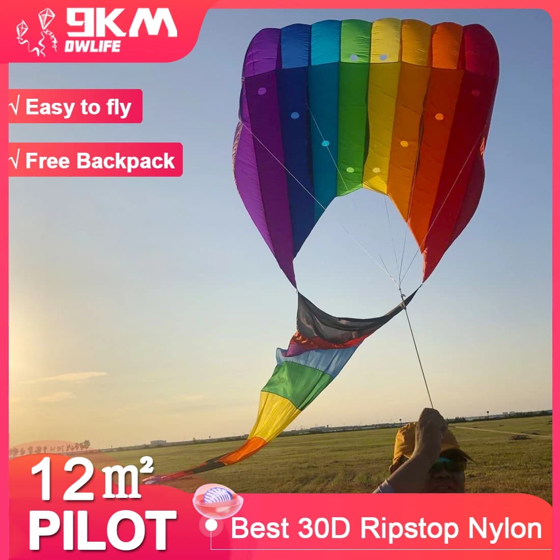9KM 12 m2 Pilot Lifter Kite Line Laundry for adults, high quality nylon, colored, with kite-shaped pendant, nylon ripstop with bag.