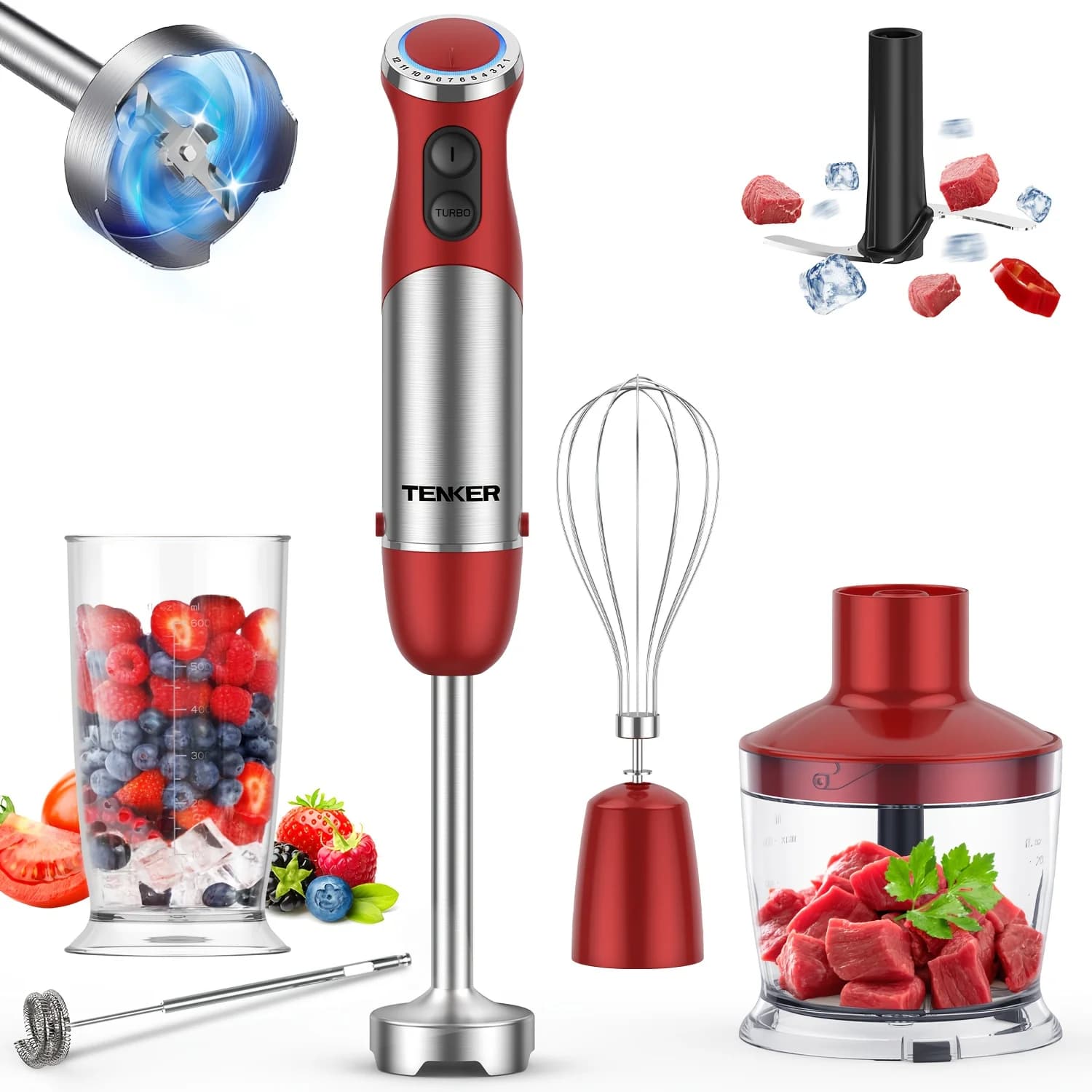 Frullatore a immersione TENKER 5 in 1, frullatore portatile a 12 velocità, frullatore a immersione in acciaio inossidabile, bicchiere per miscelare da 20,29 once, tritatutto da 16,91 once, frusta e montalatte, per alimenti, salse, zuppe, frullati, puree