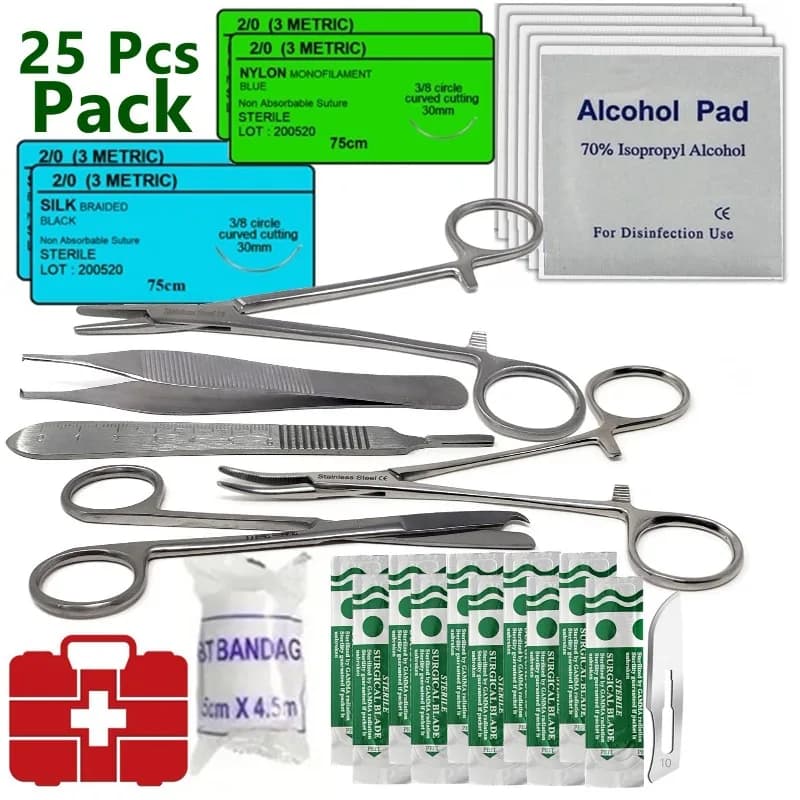 Kit di Sutura Chirurgica per Traumi, Forniture di Pronto Soccorso, Kit Medico da Viaggio per Traumi - 25 Pezzi