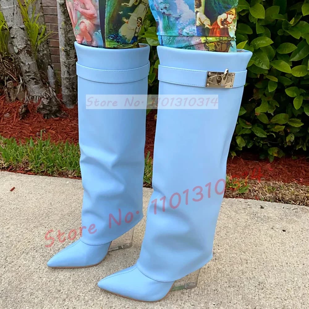 Knee Boots with Wedge Transparent Women's Pointe Winter Fashion Metal Decorations Folding Shoes Women Streetwear Boots with Clear Heel