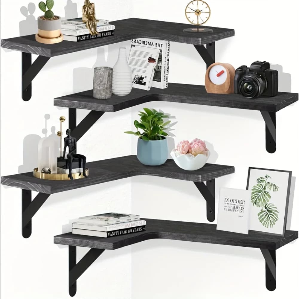 Mensole Galleggianti in Legno Naturale con Venature, Montaggio a Parete, Organizzazione Angolare, Arredamento Contemporaneo per la Casa, Organizer da Cucina