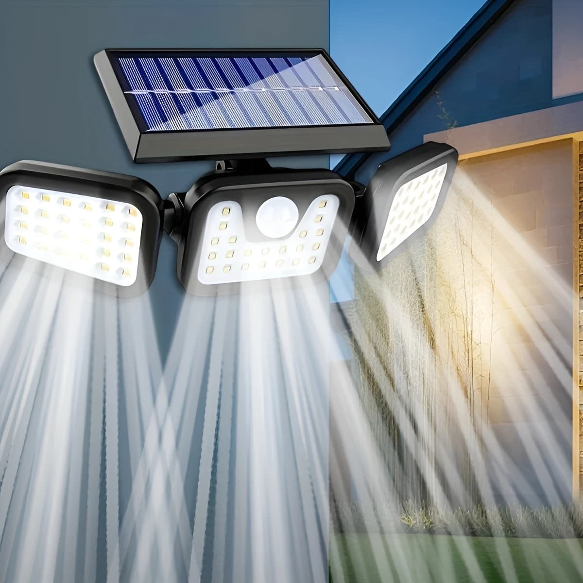 Lampada da parete a LED solare | Illuminazione esterna a tre teste | IP55 | Alimentato ad energia solare con sensore di movimento | Materiali ABS e PC durevoli | Ideale