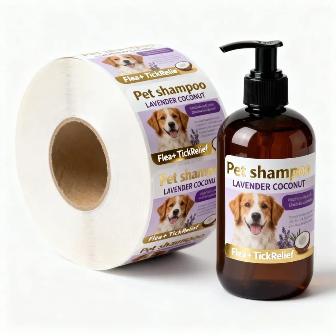 Cute Design Customizable Waterproof Vinyl Pet Shampoo Bottle Stickers Self-Adhesive Dog & Cat Grooming Product Packaging