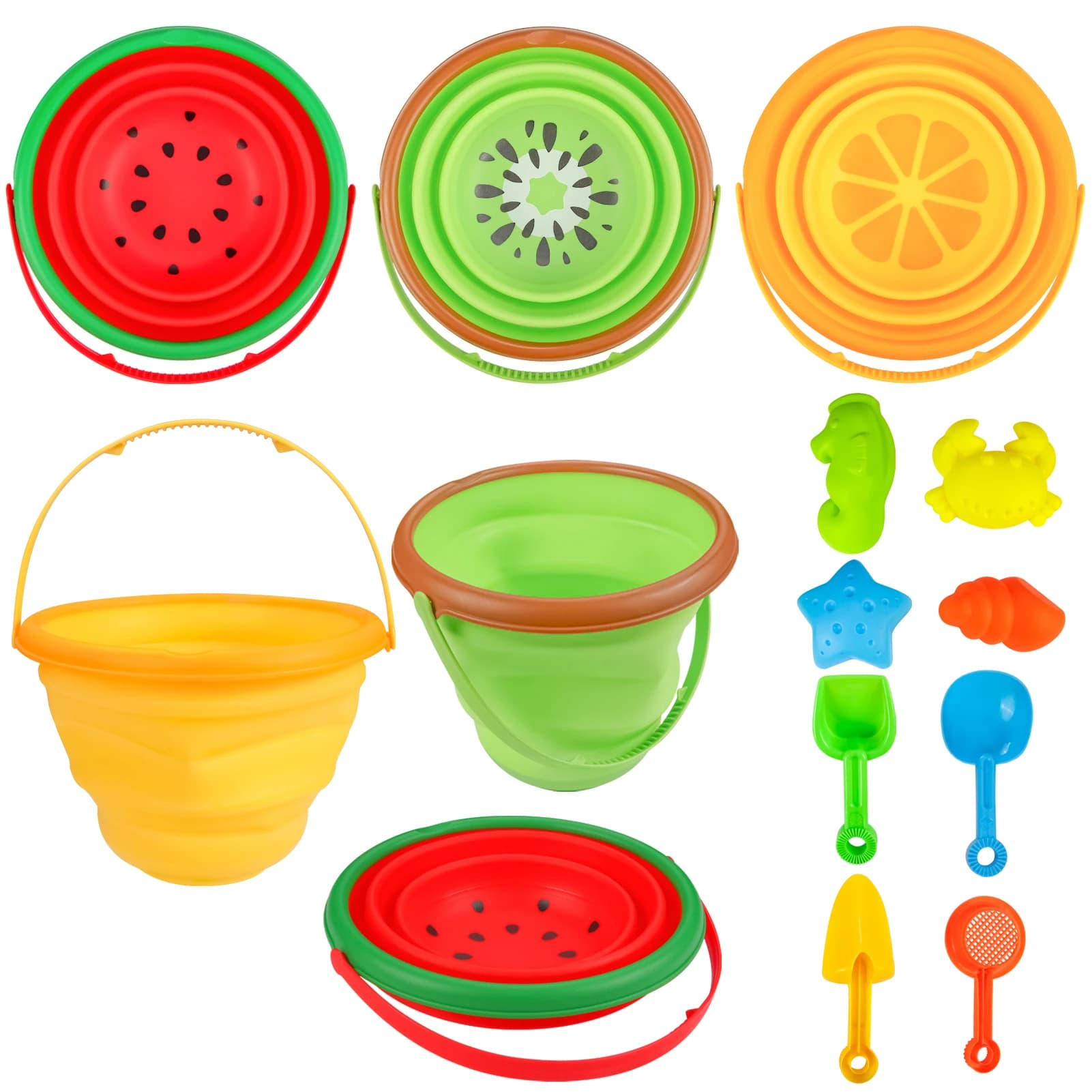 Set di 11 Giocattoli da Spiaggia per Bambini, Secchiello Pieghevole in Silicone, Giochi da Spiaggia da Viaggio per Ragazzi e Ragazze, Campeggio Estivo