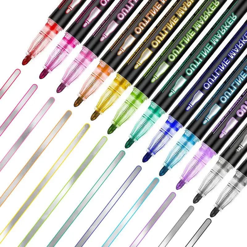 Nuovo set di 12 pennarelli metallici autocontornanti con glitter per scrittura e disegno, ideali per biglietti di Natale, penne a doppia linea per contornare.