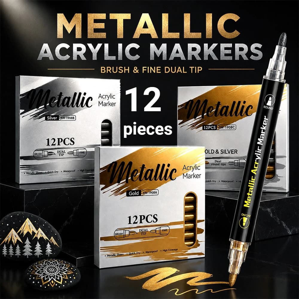 Metallic Acrylic Markers Dual Tip Gold Silver Paint Pens Waterproof Permanent Marker for Black Paper DIY Art Craft Scrapbook