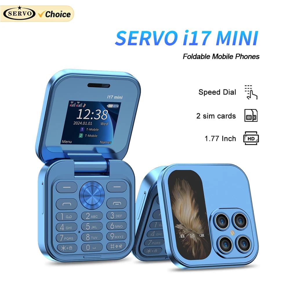 SERVO i17 Mini Dual SIM Card Fold Telefono cellulare Lettore video di rete 2G Torcia Radio FM Voce magica Piccola scatola Flip Cellulari