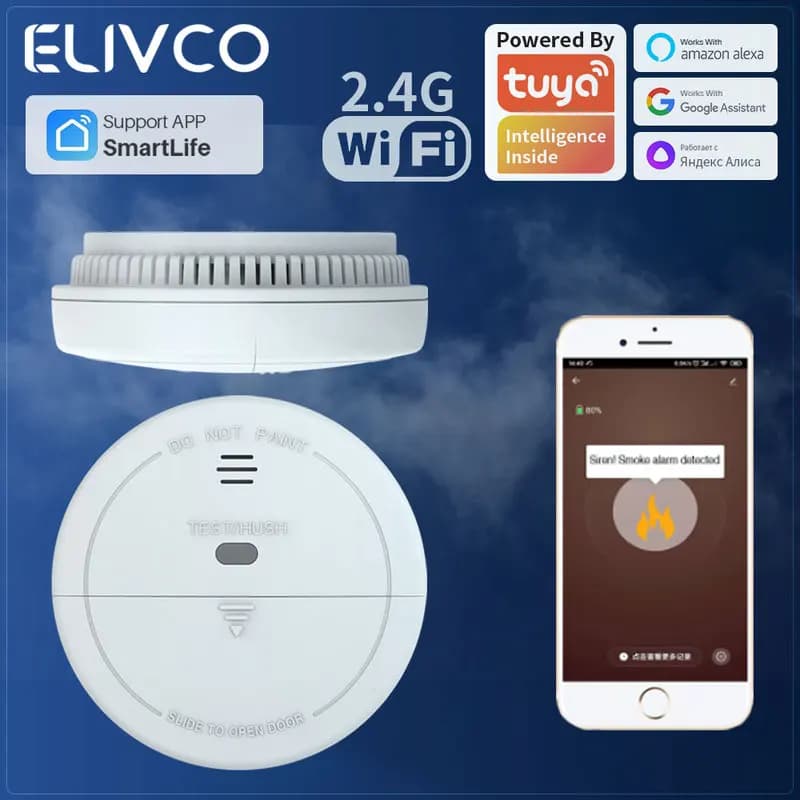 Tuya Smart WiFi Smoke Detector With Real-Time APP Alerts Wireless Fire Sensor Alarm 80dB Sound for Home/Office