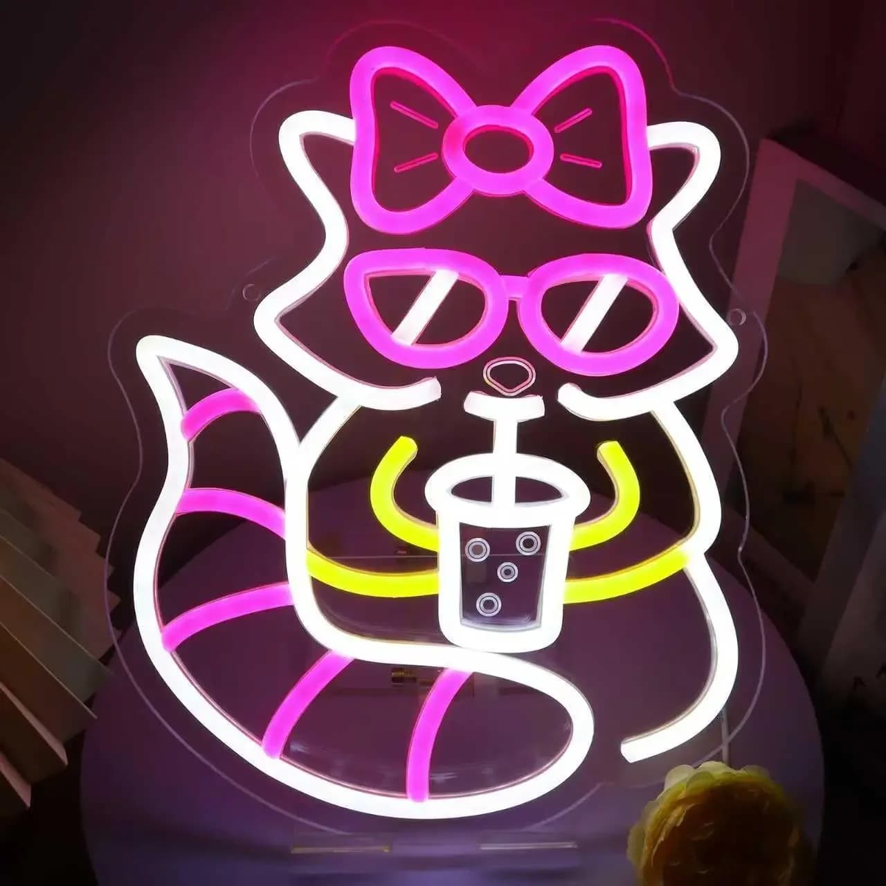 Insegna Luminosa al Neon 'Gatto che Beve Tè', Decorazione da Parete LED Dimmerabile USB per Camera da Letto, Sala Giochi, Soggiorno, Regali per Feste