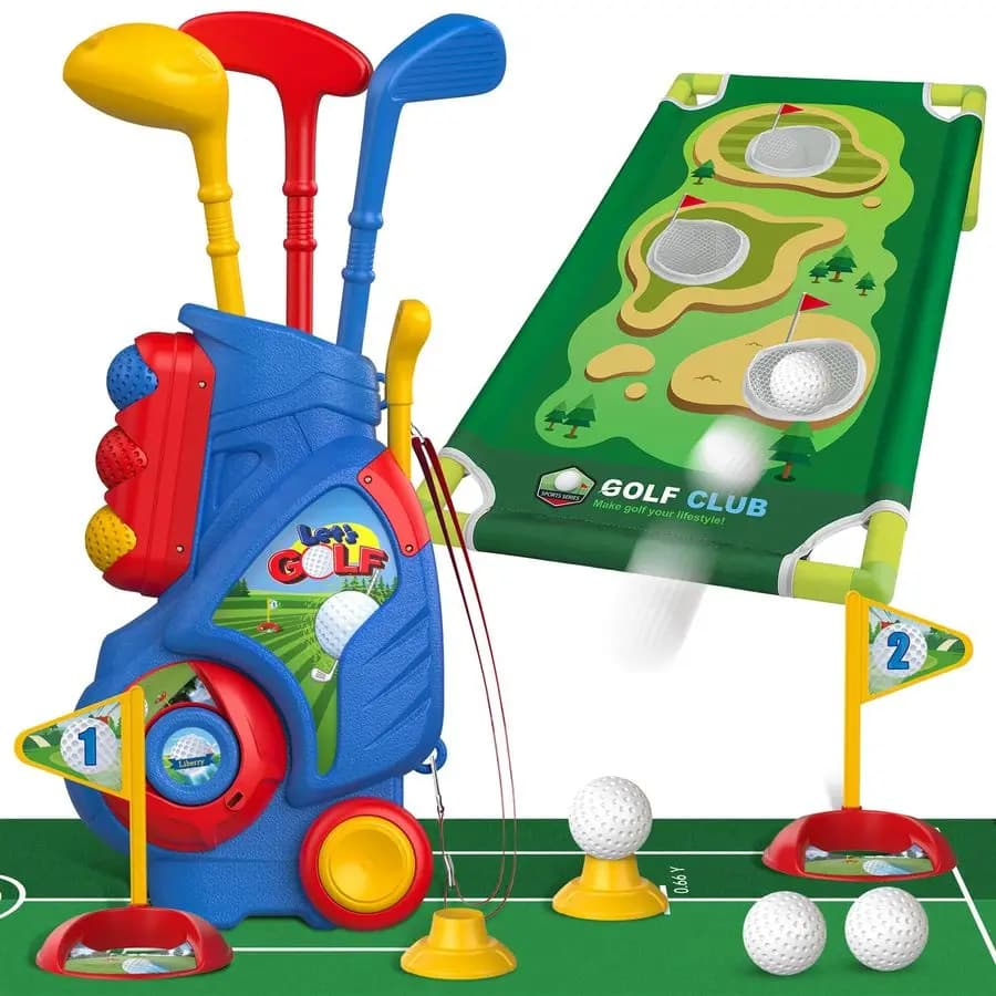 Set da golf per bambini da 2, 3, 4, 5 anni, carrello da golf per bambini migliorato con tavola da golf Cornhole e tappetino da putting, per interni ed esterni