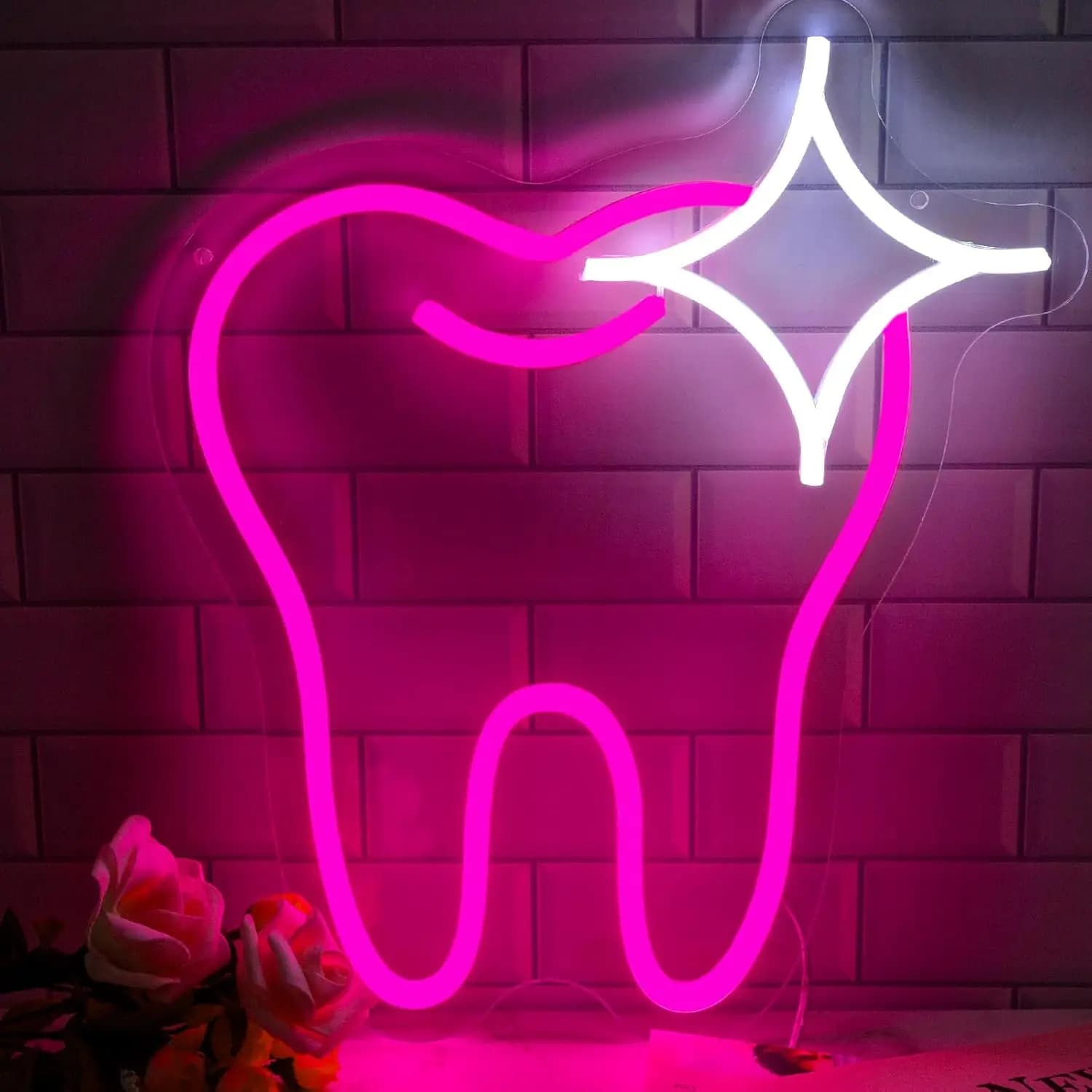 Insegna al neon con dente rosa Denti ospedalieri Salute Ufficio dentale sano Sorriso Viso Decorazione da parete Camera Luce a LED Negozio Negozio Bar Club Lampada