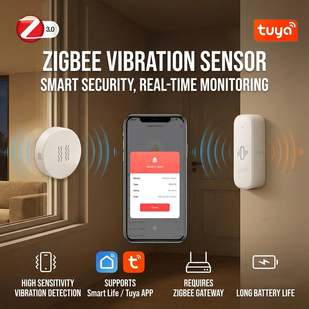Tuya Smart Life Zigbee Sensore di vibrazione Rilevamento inclinazione caduta Allarme shock di movimento in tempo reale per protezione di sicurezza per porte e finestre