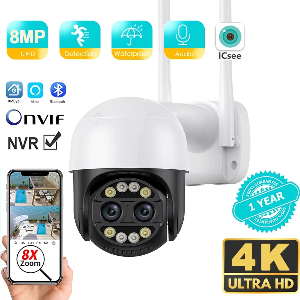 Hiseeu 4K 8MP Dual Lens PTZ Wifi IP Camera Zoom 8X Exterior HD Night Vision Color Night Vision Human Detection Video Cameras