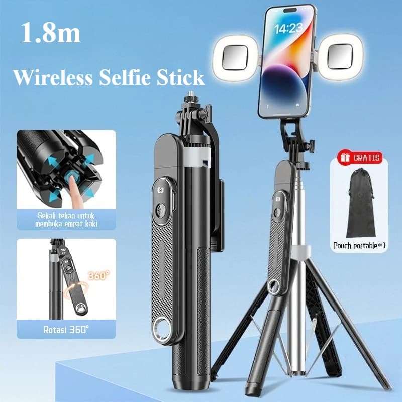 Treppiede per selfie stick da 180 cm con telecomando ricaricabile 360 ° Rotazione per iPhone, fotocamera, Gopro, luce anulare, riprese