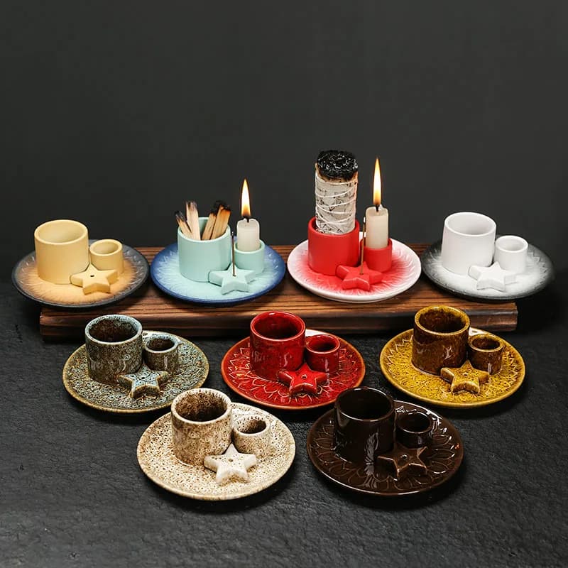 Set bruciatore di incenso in ceramica da 1 pezzo - Bastoncino di incenso 4 in 1 realizzato a mano e supporto Palo Santo con vassoio per sbavature, elegante arredamento bohémien