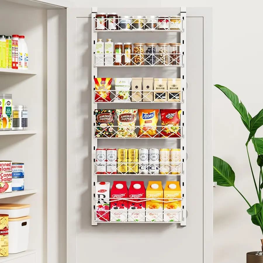 Organizer sopra la porta, organizer per porta dispensa bianco a 6 livelli con cestino regolabile, ripiani per porte dell'armadio con portaspezie sospese, lancio