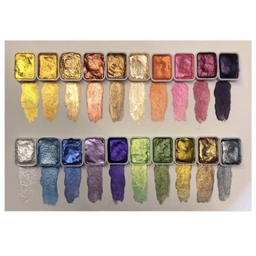 20-Color Metallic Pearl Solid Watercolor Set - Portable Glittering Pigments Complete Art Supplies for Painting & Calligraphy