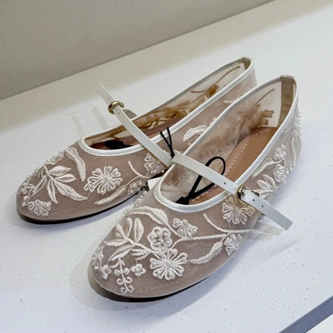 Embroidered Flowers Bead Round Knife Tor Ballerine Women's Moccasins Buckle Strap Woman Mary Jane Muli Shoes Zapatos De Mujer