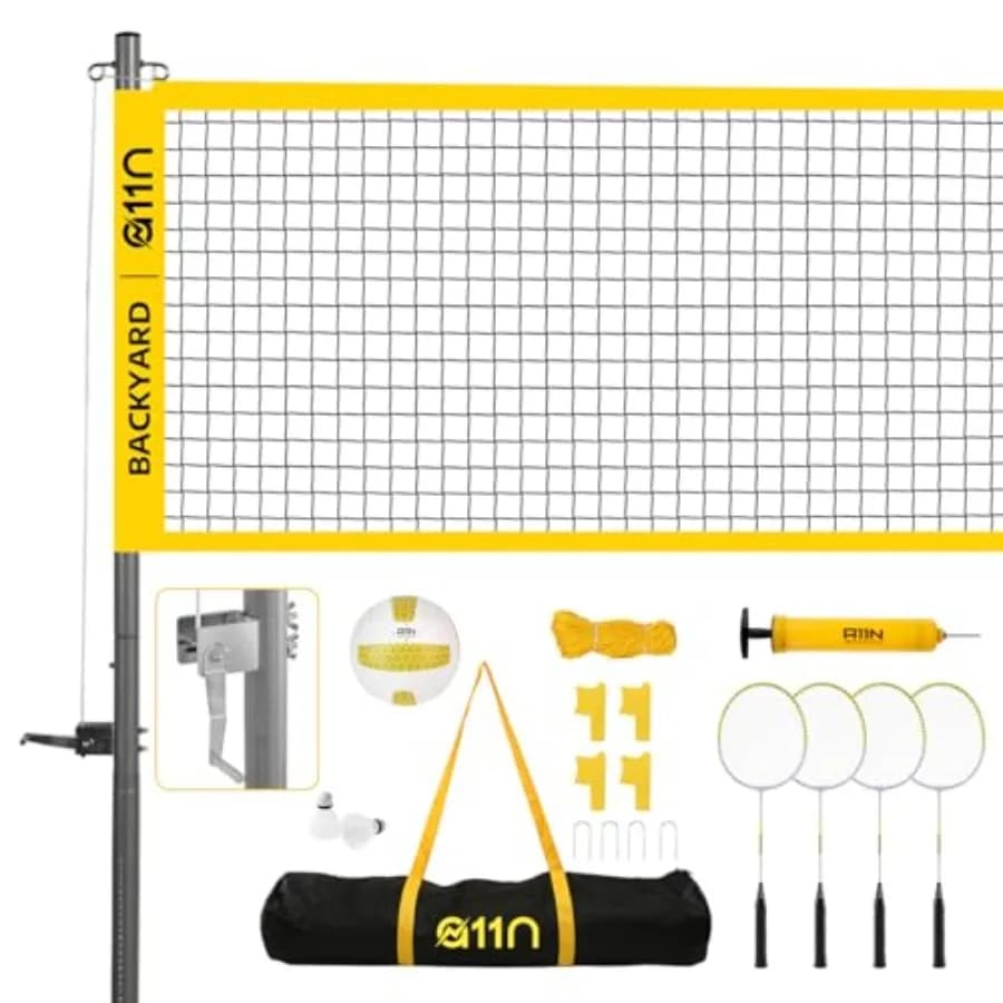 Set Combinato per Pallavolo e Badminton da Esterno con Rete Regolabile in Altezza, Nero e Giallo, Include Design Anti-Cedimento, Pompa ad Aria, 4 Racchette