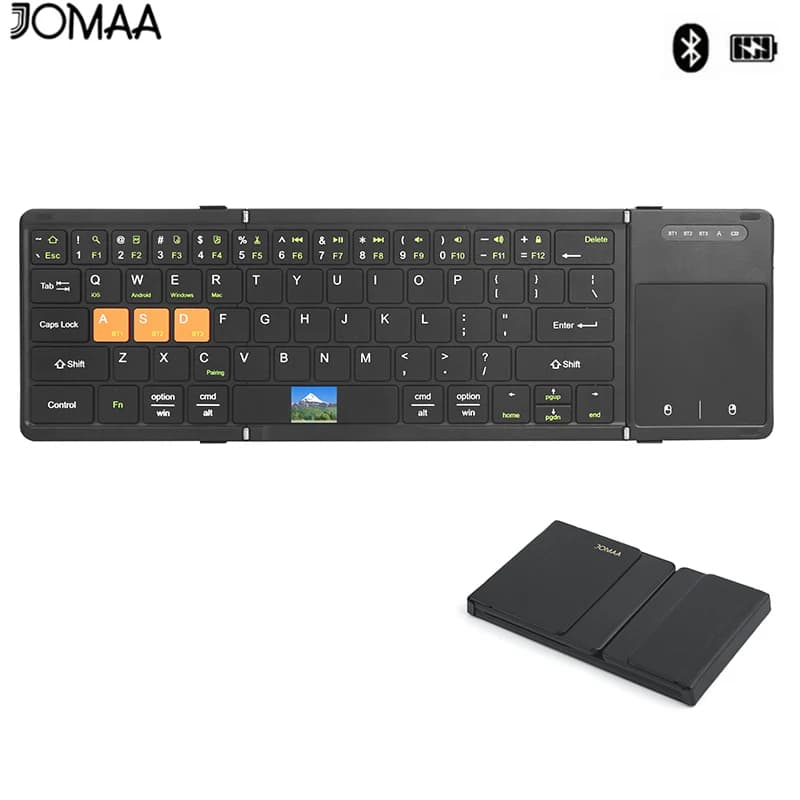 Tastiera ricaricabile Wireless pieghevole JOMAA con tastiera Bluetooth pieghevole Multi-dispositivo Touchpad per IOS Android