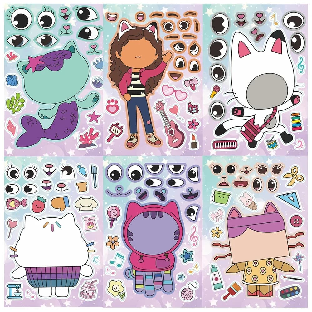 6 fogli Casa delle bambole di Gabby Crea una faccia Adesivi puzzle I bambini Crea il tuo gioco fai-da-te Bambini Cartoon Jigsaw Giocattoli educativi Regalo