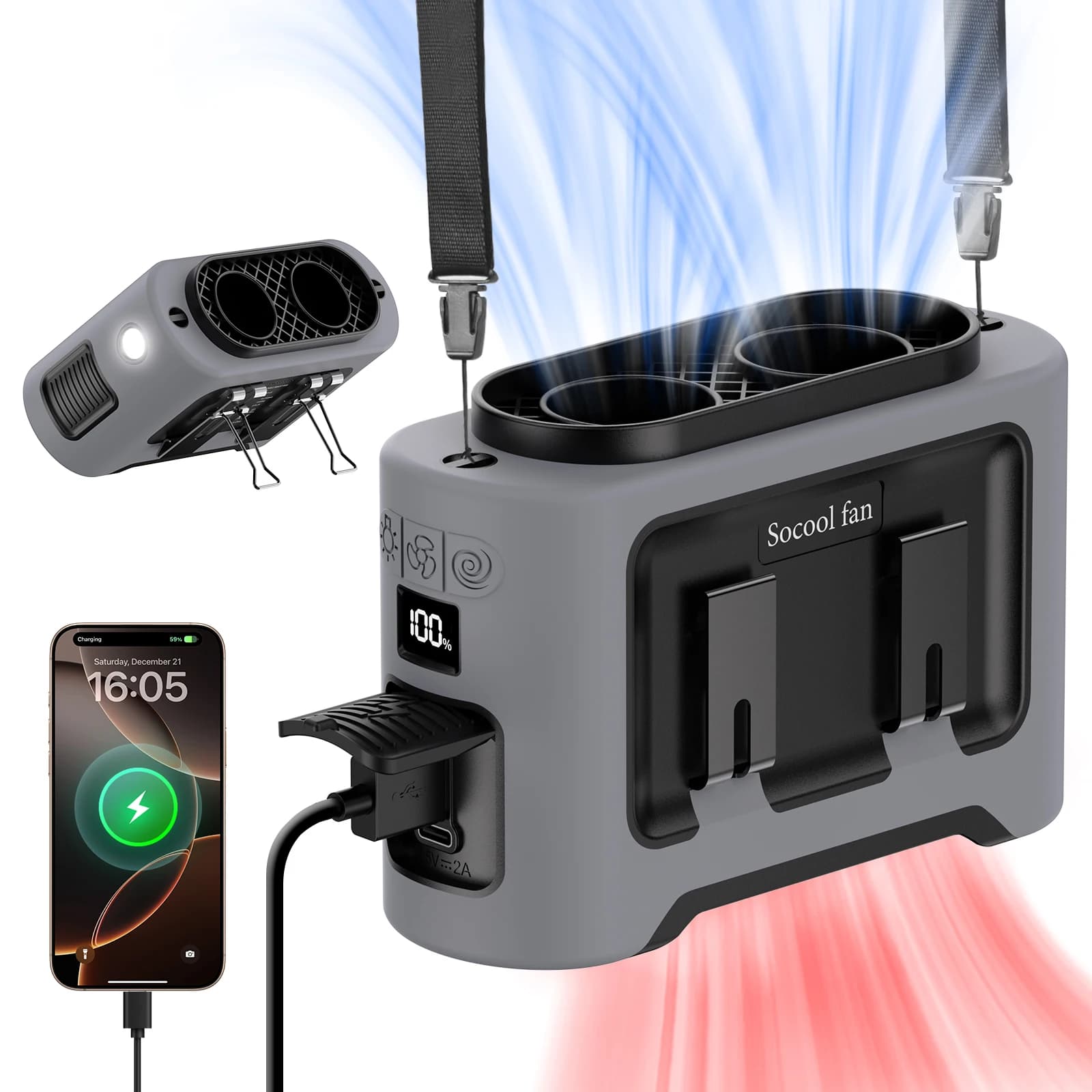 Socool Ventilatore da Cintura Portatile 14500mAh, Doppia Uscita d'Aria, Motori Turbo, Quattro Clip, Torcia di Emergenza per Esterni