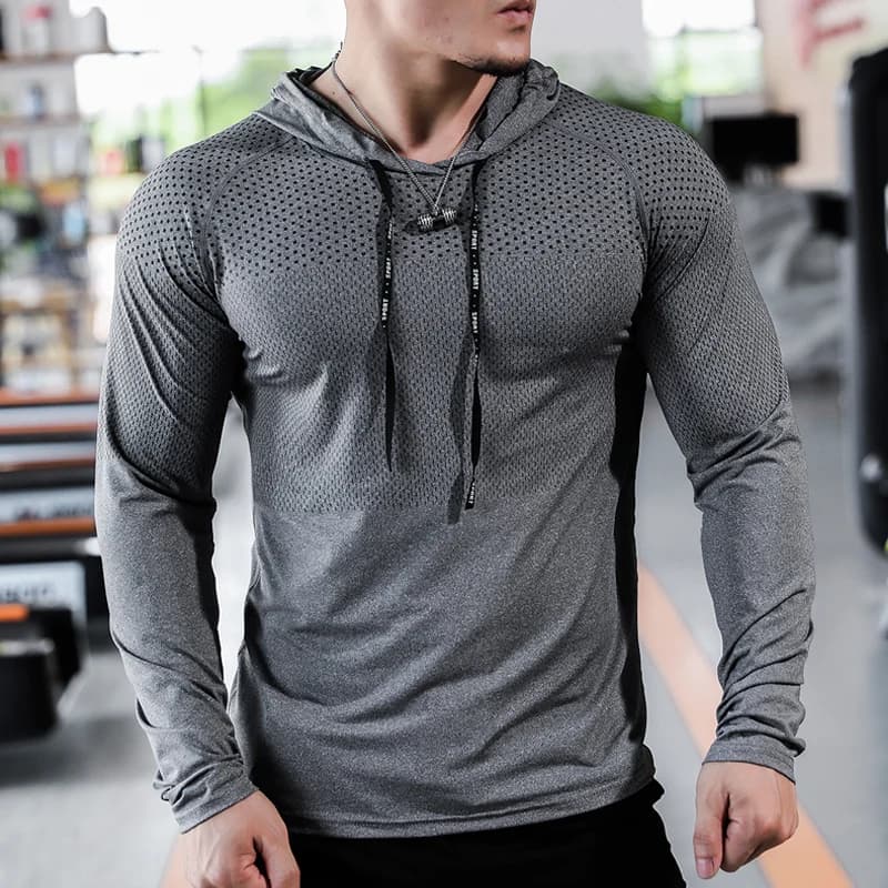 T-shirt sportive da uomo Felpa con cappuccio Fitness Camicie da corsa Top Allenamento a maniche lunghe Top da uomo Tee Sportwear Felpa da allenamento da uomo