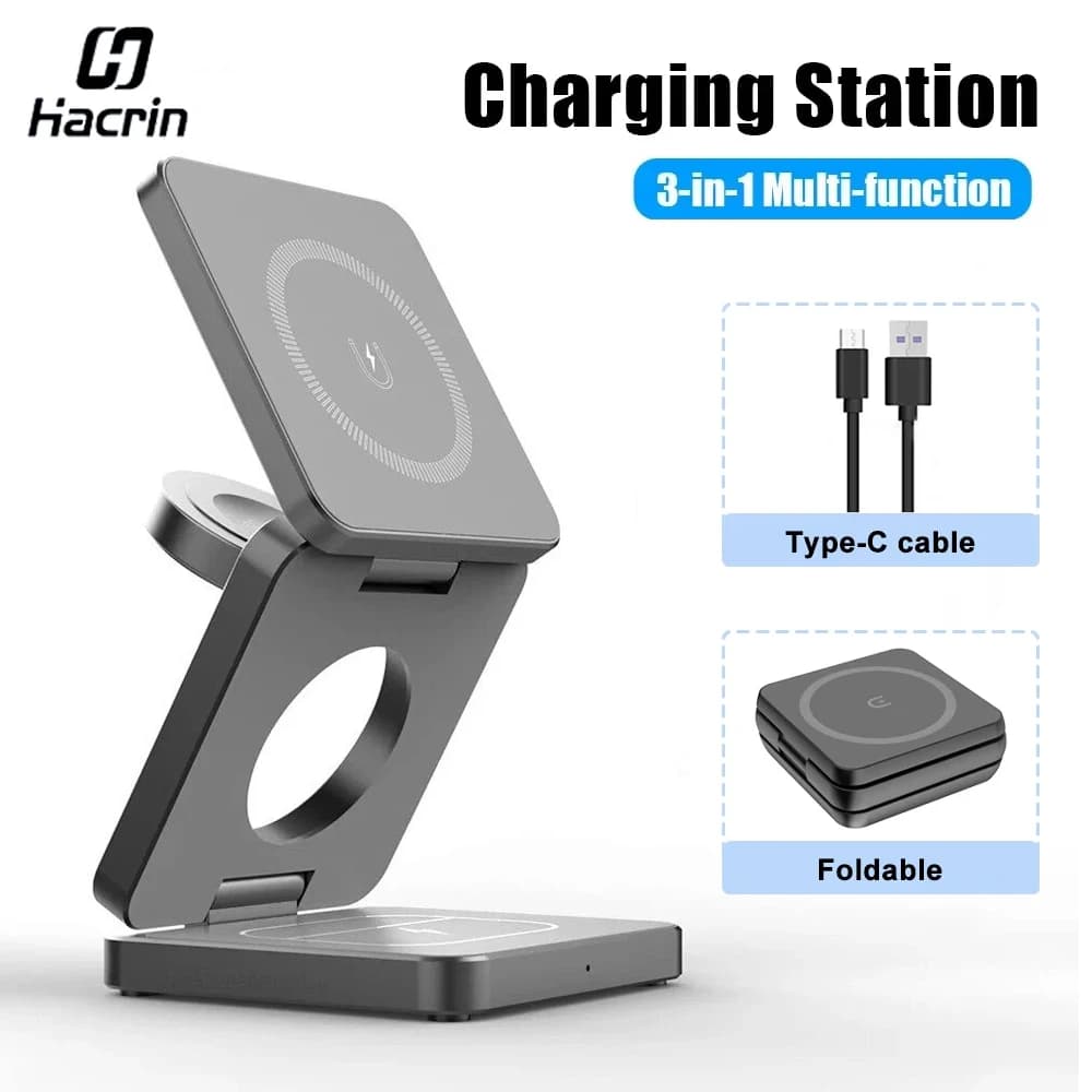 3 in 1 Foldable Magnetic Wireless Charger Support for iPhone 16 15 14 13 12 Pro Max Apple Watch 9 8 7 Quick Charging Station