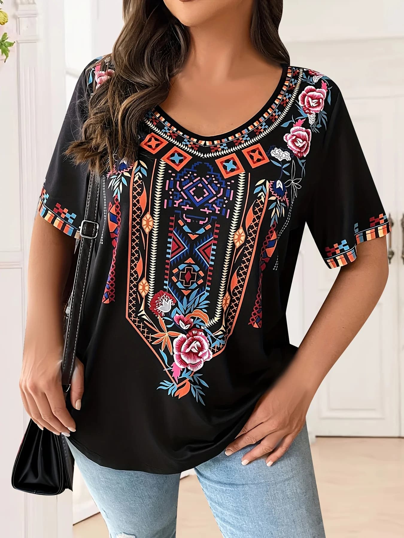 Women's T-shirt Strong Size Boho Harajuku Print Graphics Summer Short Sleeve Top Casual T-shirt Fashion Street Clothing Women