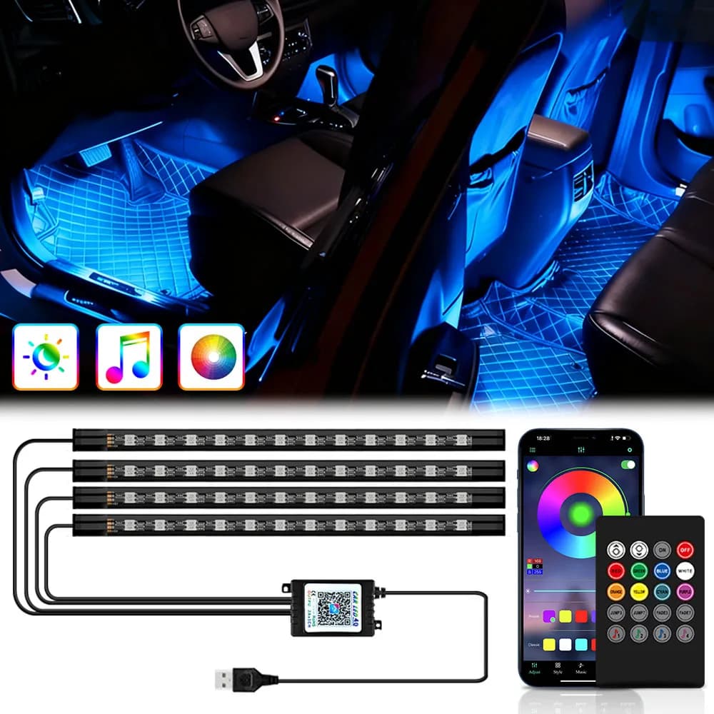 Luci ambientali per auto Striscia LED Lampade per atmosfera interna Retroilluminazione RGB App remota Controllo musicale Illuminazione al neon automatica Lampada decorativa