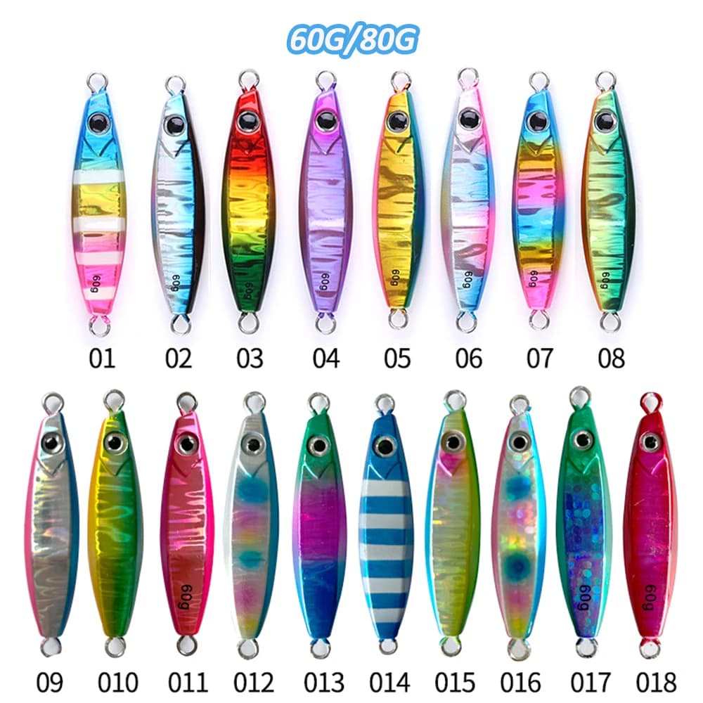 Maschere per la pesca in mare Richiamo 60g 80g Esche da jigging in metallo Occhi 3D Affondamento Wobblers Laser dipinto Artificiale Duro Jigging richiamo di pesca