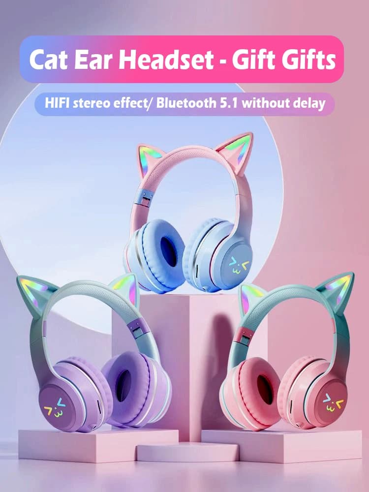 Bluetooth Headphones with Cute Cat Ear Wireless Headphones with Colors Foam Foldable Play Microphone Supports Headset with Noise Cancellation of TF Card