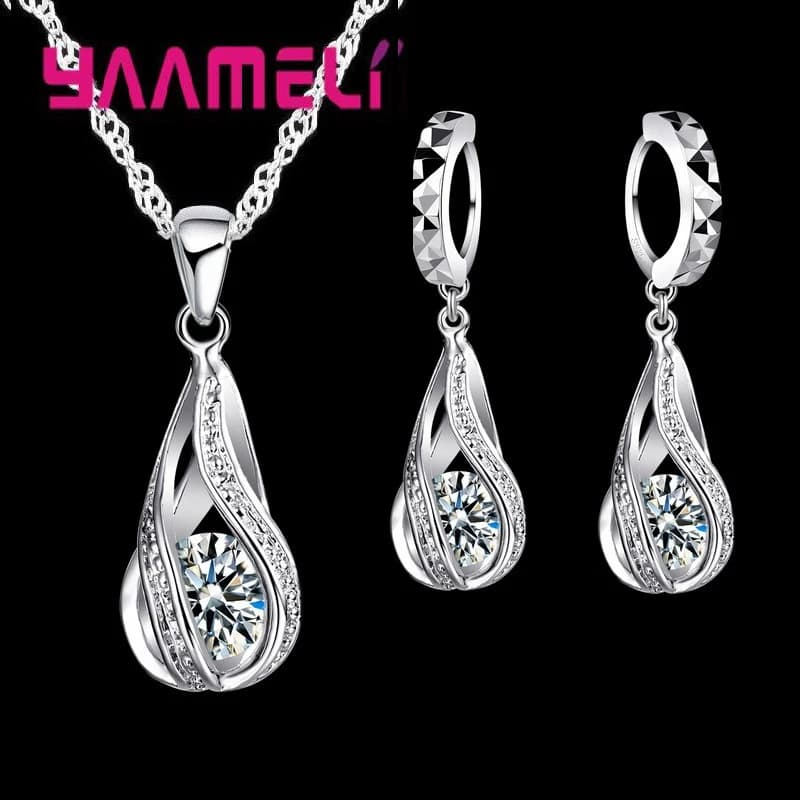 925 Sterling Silver Plated Jewelry Set With CZ Hot Water Drop For Women, Pendant Necklace, Hoop Earrings, Weddings and Ceremonies