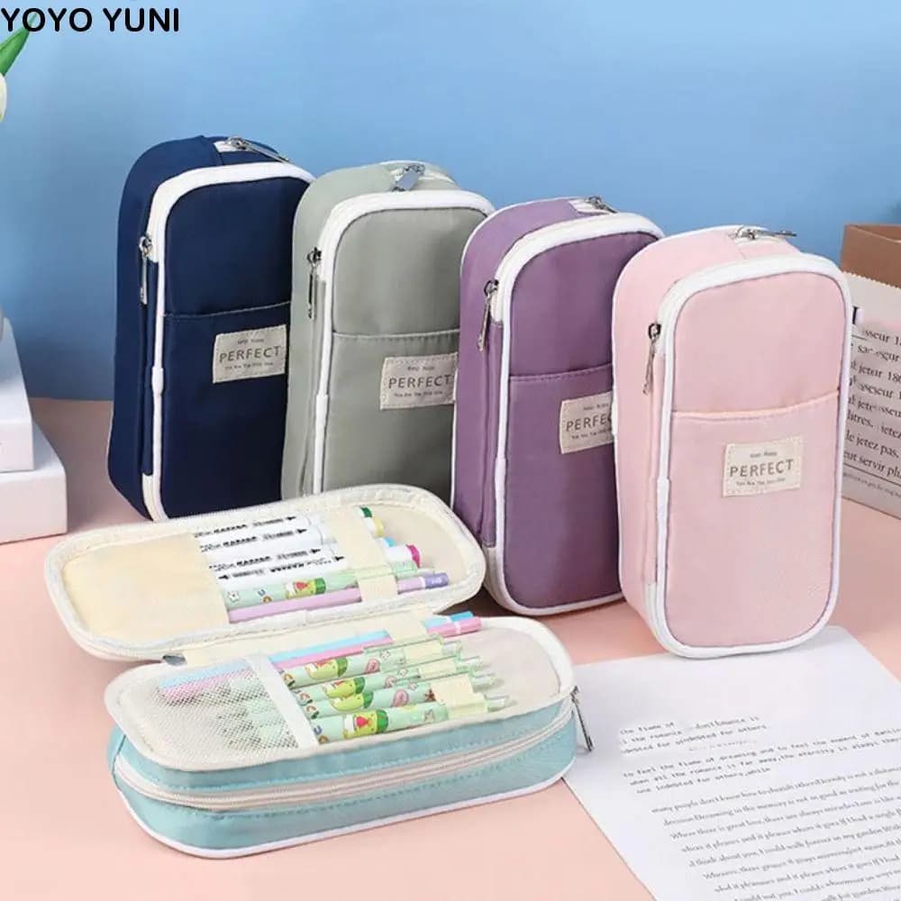Astucci per matite Macaroon Kawaii con doppia cerniera, portapenne di grande capacità, astuccio retrattile espandibile, organizer da scrivania