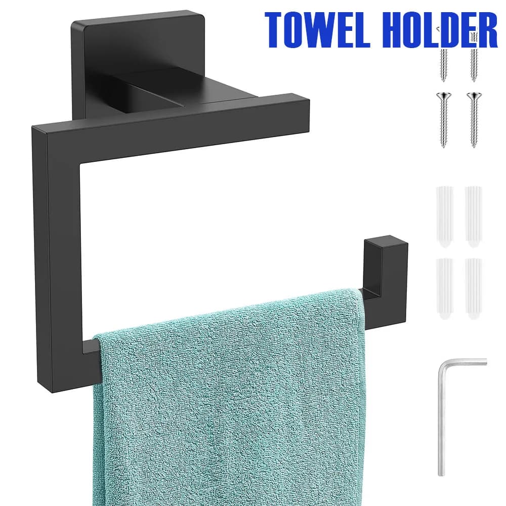 Porta asciugamani in acciaio inossidabile, rotolo di carta quadrato nero opaco e anello portasciugamani con accessori a vite per la cucina del bagno di casa