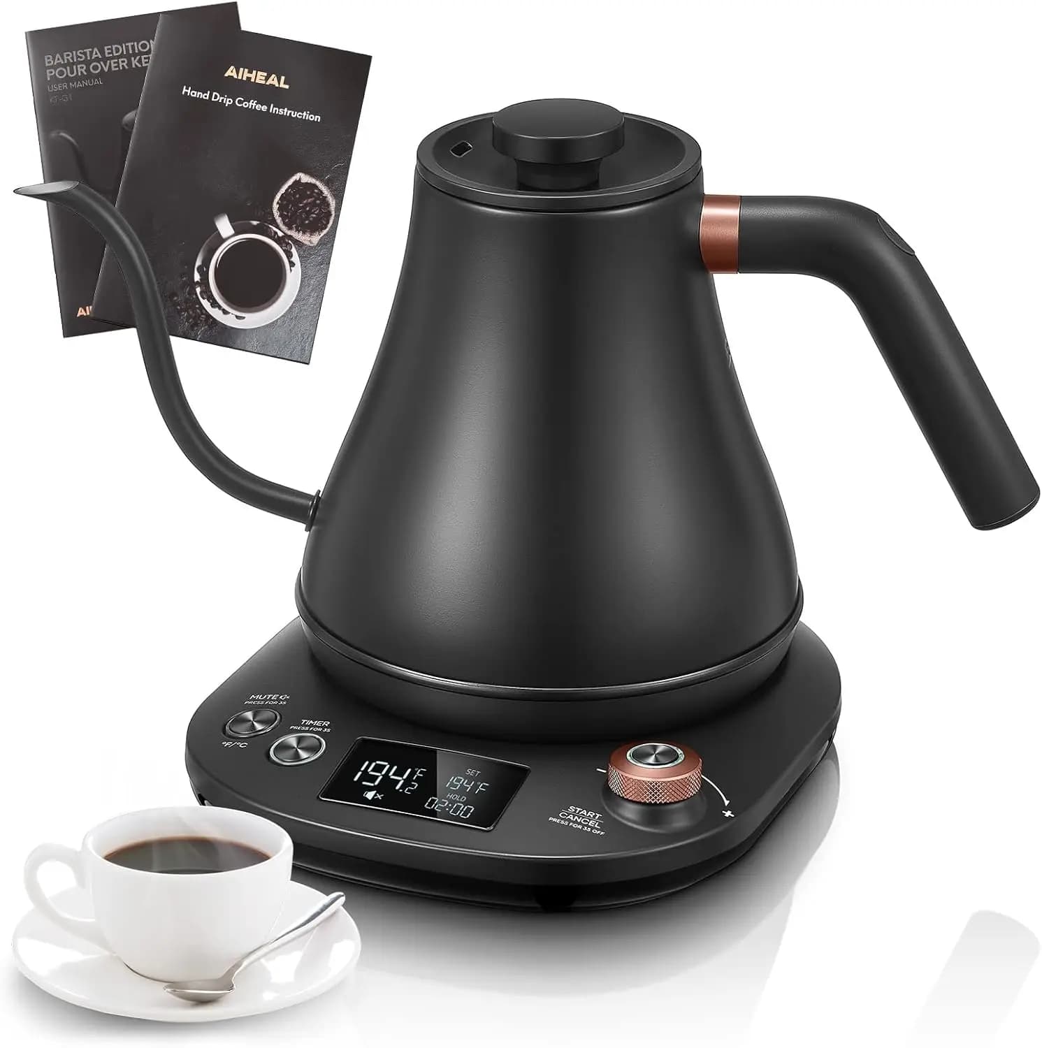 Bollitore Elettrico a Collo d'Oca con Controllo della Temperatura, Interno in Acciaio Inox da 0,8L, Riscaldamento Rapido 1200W per Caffè e Tè, Finitura Opaca