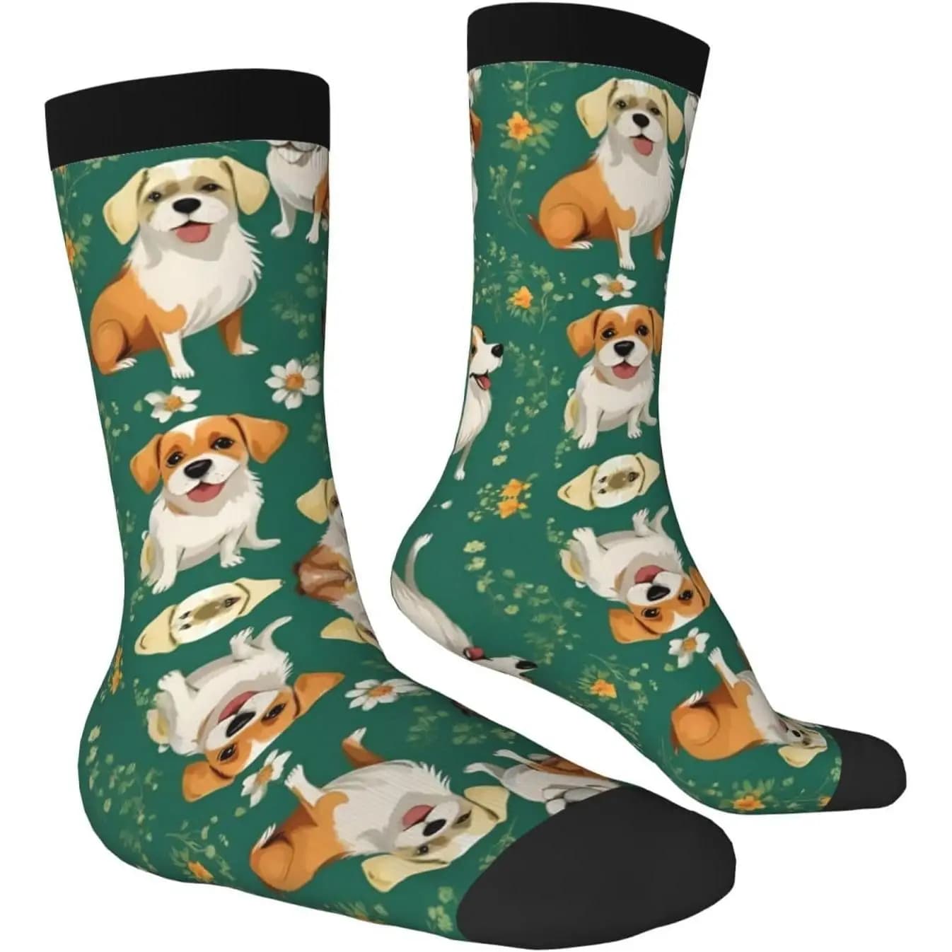 Men's casual half calfskin crew socks with floral pattern for women's dogs contrasting color design for woman man gift