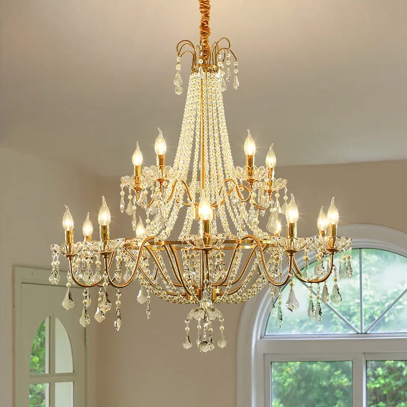 Gold Candle Crystal Chandelier Vintage Large Multi Tier Pendant Light With White Pearl Beads For Living Room Dining Room