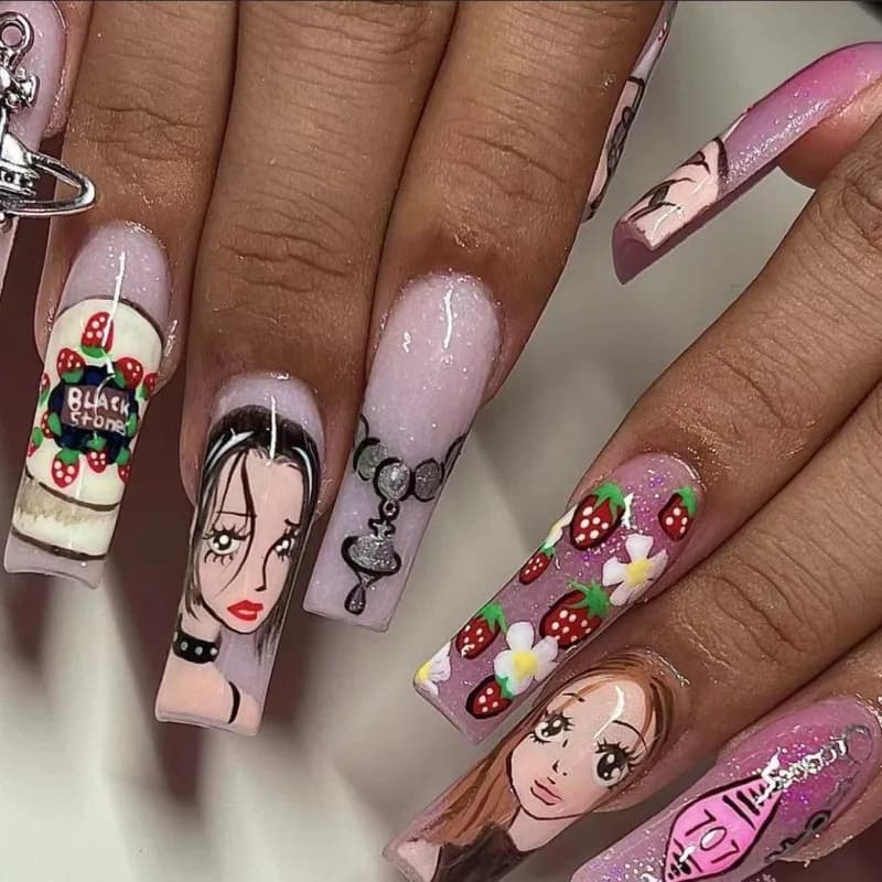 Unghie finte di media lunghezza per donne, ragazze, stile cartone animato, fragola, tramonto, Y2K, forma ballet, punte per unghie a copertura totale, unghie finte press-on, nail art.
