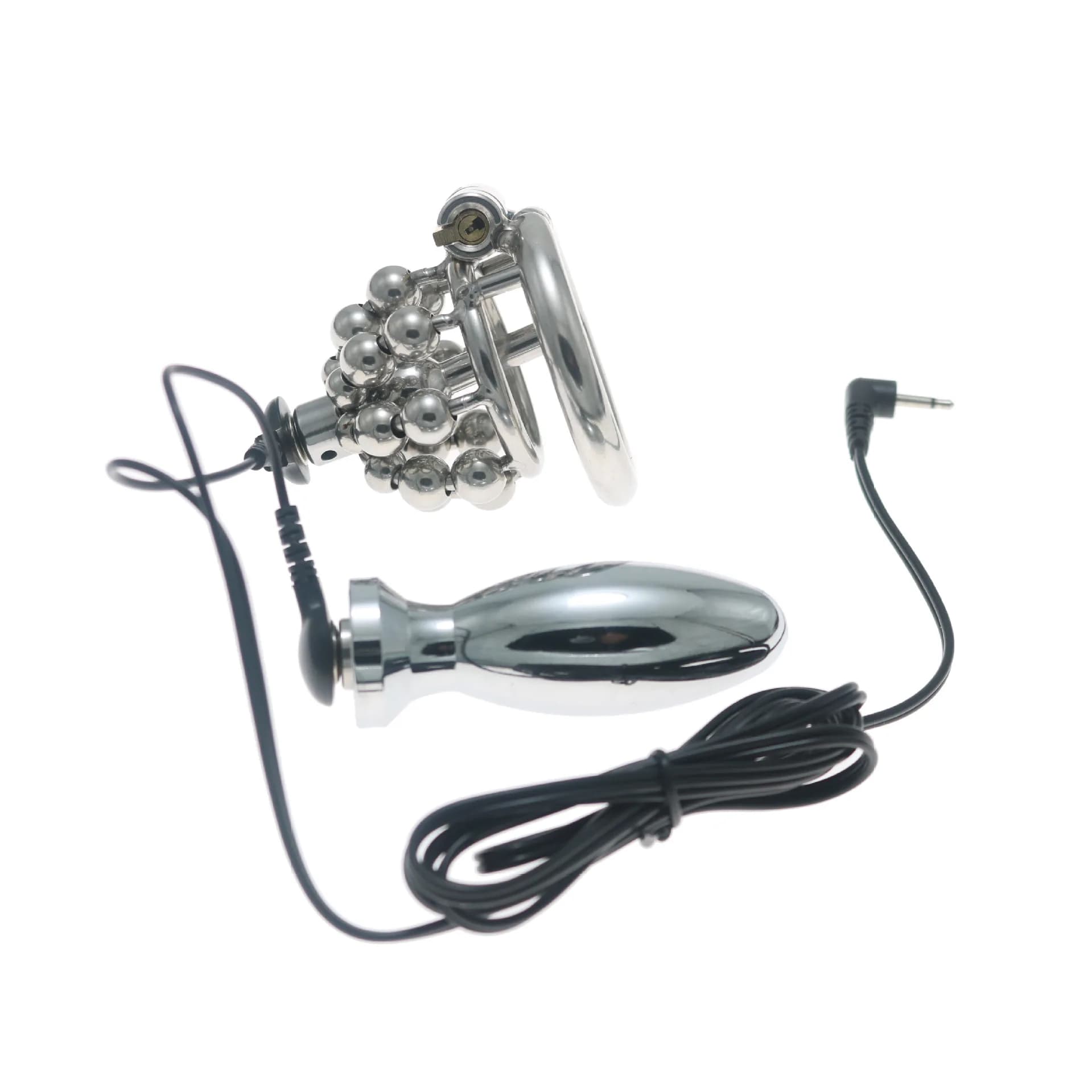 Dispositivo di castità con elettrostimolazione, plug anale, gabbia per pene, manicotto per pene, anello per pene in metallo, bondage dello scroto, lucchetto di castità, giocattoli sessuali per uomini