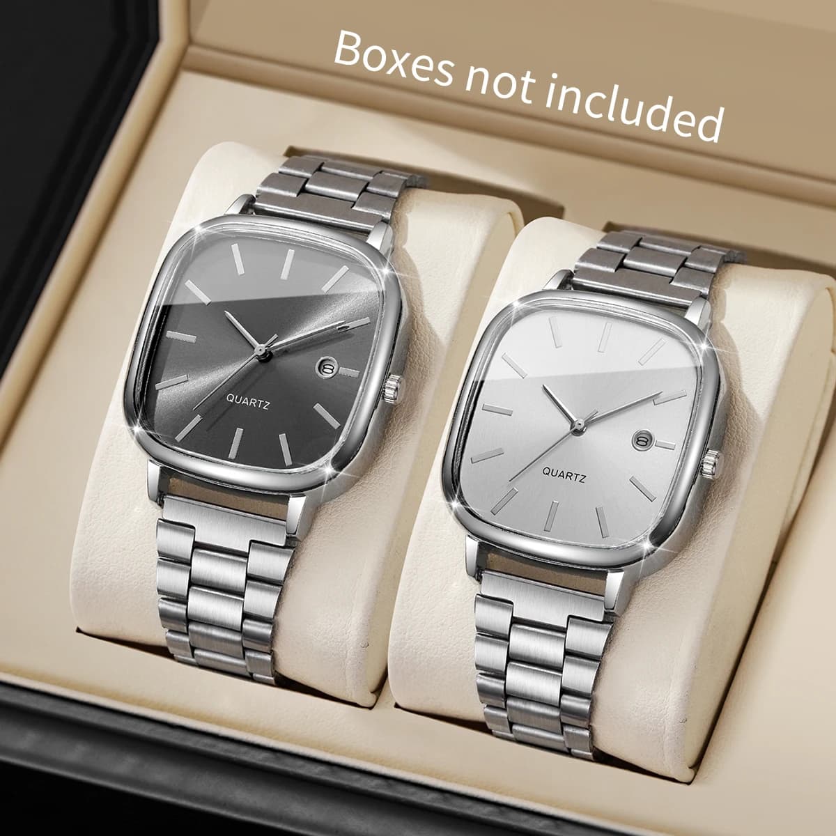 Set of 2 Men's Square Fashion Watches, Silver Color, with Calendar, Quartz Movement, Gift (Without Box)