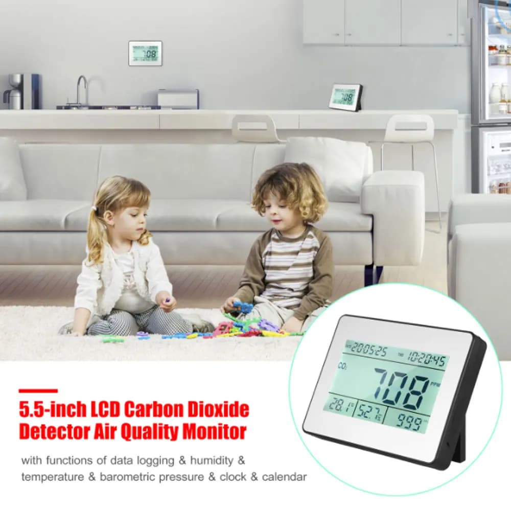 Anidride Carbonica Detector, Air Quality Monitor with Data and Clock Recording Function, 5.5 Inch LCD Display, Wall Mounted