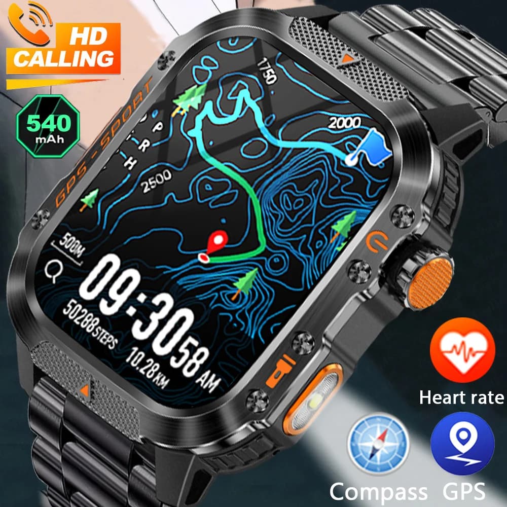 2025 Nuovo Militare All'aperto Astuto Della Vigilanza GPS da Uomo Torcia Elettrica Bluetooth Chiamata 2.01 "Schermo AMOLED 3ATM Impermeabile Sport Smartwatch