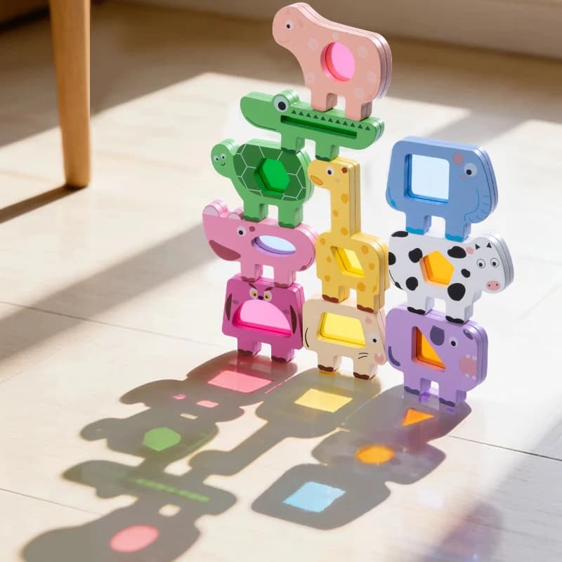 Gioco di impilamento con blocchi in acrilico a forma di animali in legno, puzzle di abbinamento delle forme, giocattolo di equilibrio, giocattoli educativi Montessori per bambini