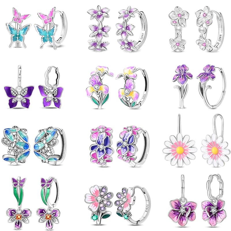 New 925 Sterling Silver Colorful Butterfly Dragonfly Iris Flower Earrings For Women Fashion Birthday Party Jewelry Gifts