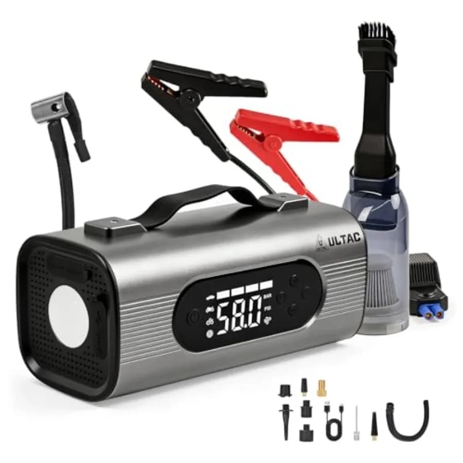 Avviatore di Emergenza 8 in 1 con Compressore d'Aria, Mini Aspirapolvere, Avviatore Batteria 12V Portatile per Tutti i Motori a Benzina/Diesel 10L 150PS